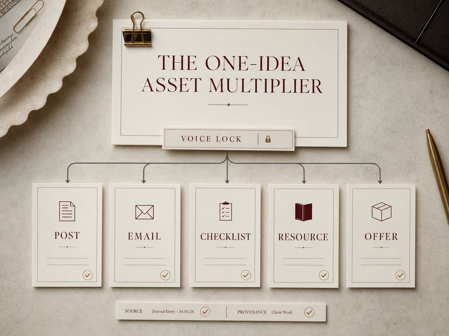 The One-Idea Asset Multiplier showing one source becoming five controlled formats