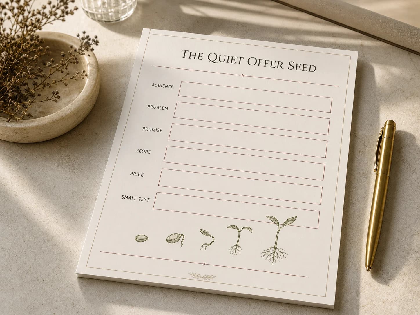 The Quiet Offer Seed working sheet with six offer-defining fields