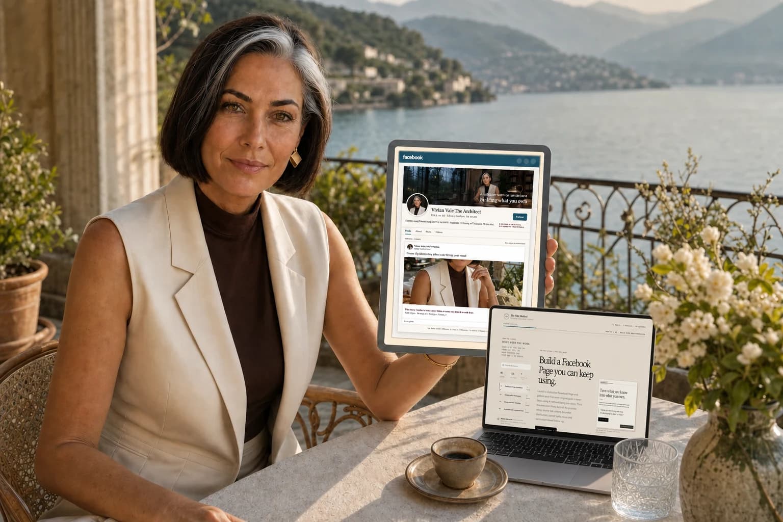 Vivian Vale holding a finished, illustrative Vivian Vale Facebook Page on an iPad beside a laptop displaying The Vale Method course library on a Lake Como table