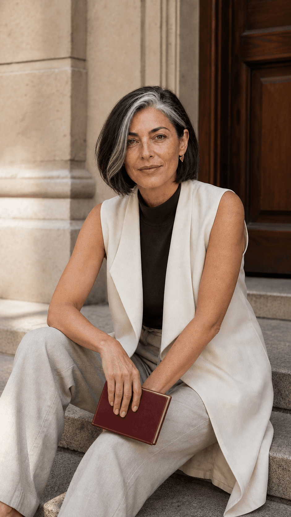 Vivian Vale holding a burgundy notebook in a warm stone setting